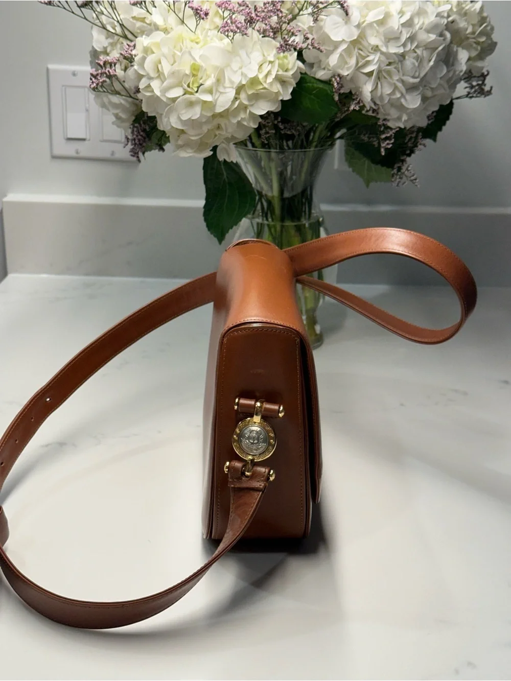 Vintage Gianni Versace Cognac Leather Crossbody with Medusa Relief